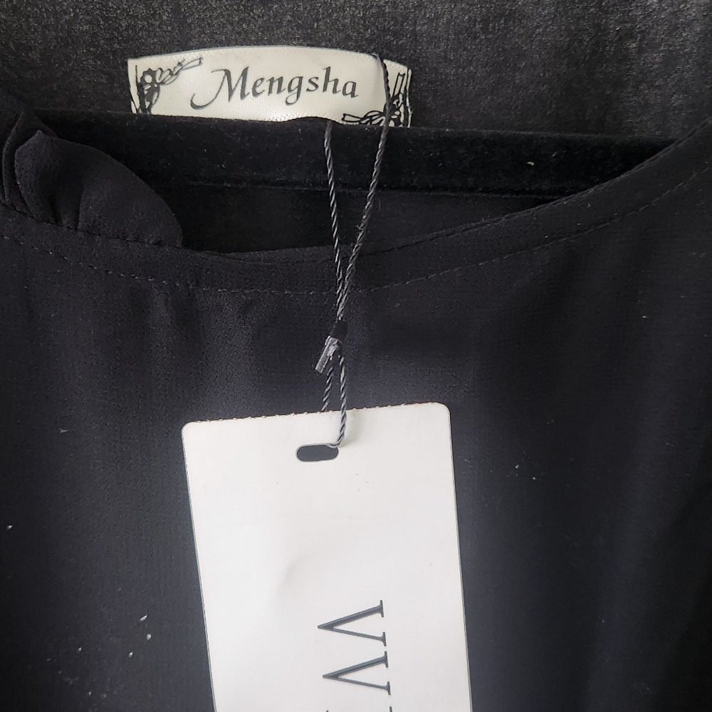 NWT Solid Chiffon Cap-Sleeve Belted Black Mid- length dress - Picture 5 of 6